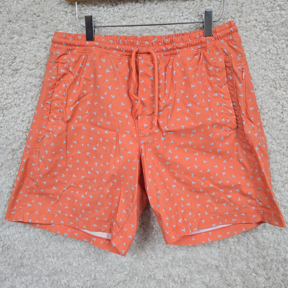 Birddogs Gym Shorts Mens Large Orange Blue Bird Print Lined Casual Athletic